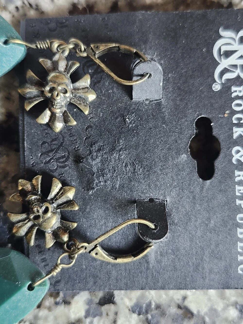 Rock & Republic Teal Faceted Teardrop Earrings with Skull Flower Accents